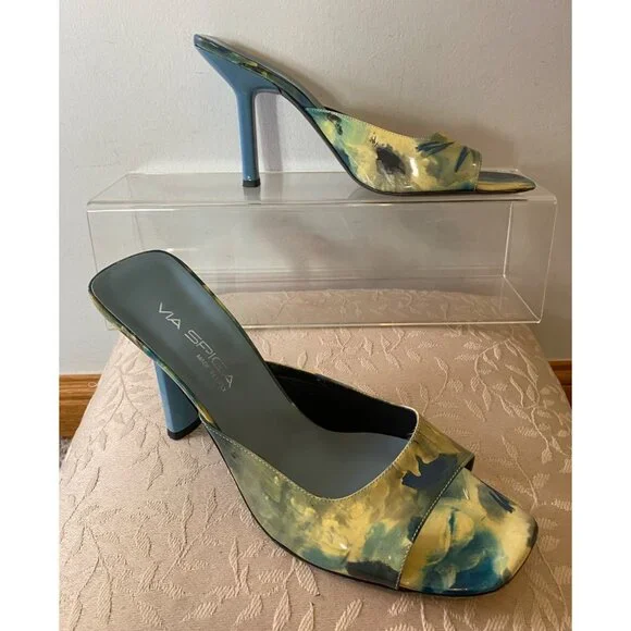 Via Spiga Open-Toe Mules Yellow & Blue Abstract Pattern Shoes Heels Size 10 - Picture 3 of 9